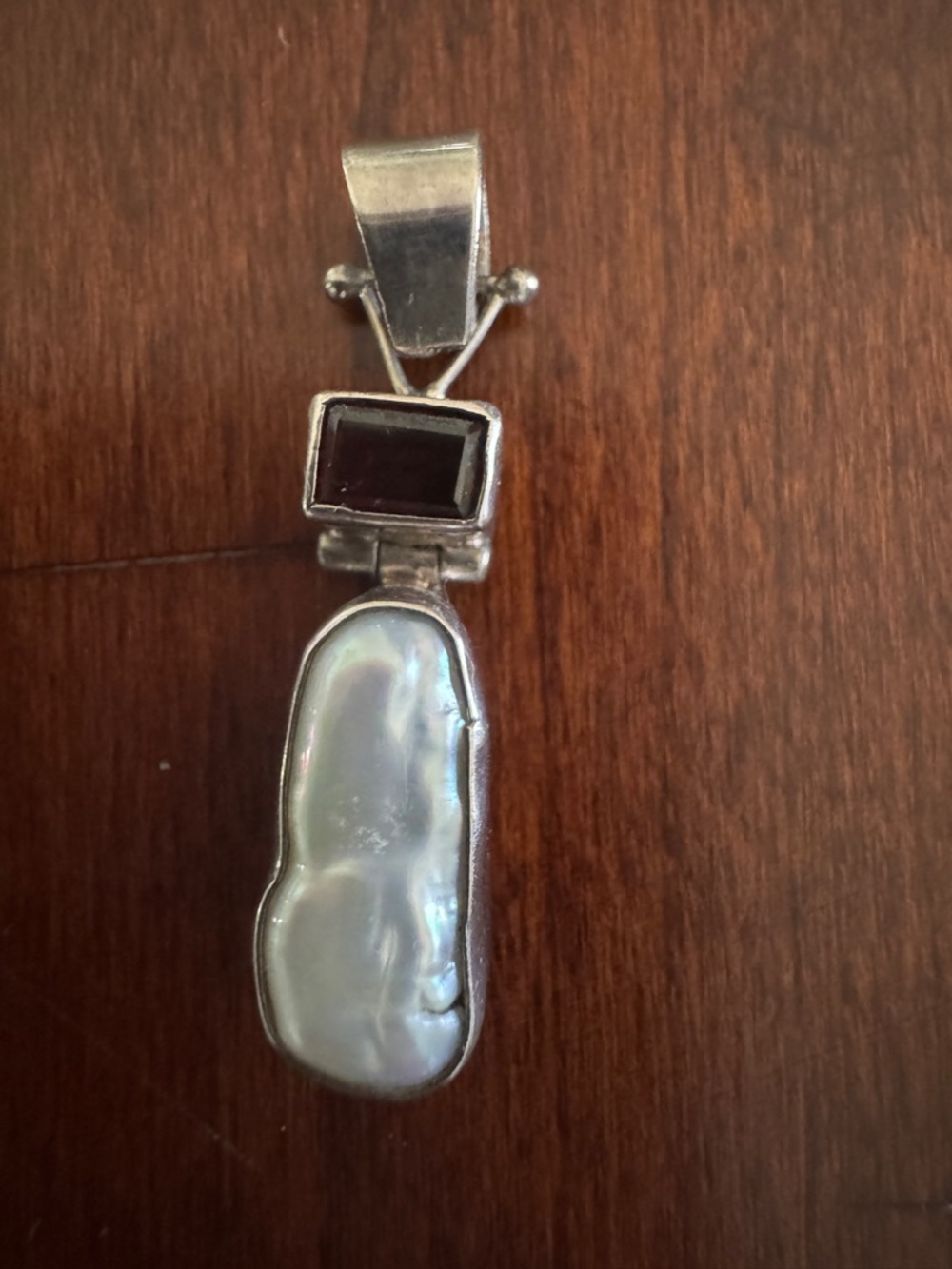 Sterling Silver Fresh Water Pearl Drop Pendant with Dark Red Accent Stone - Picture 3 of 3